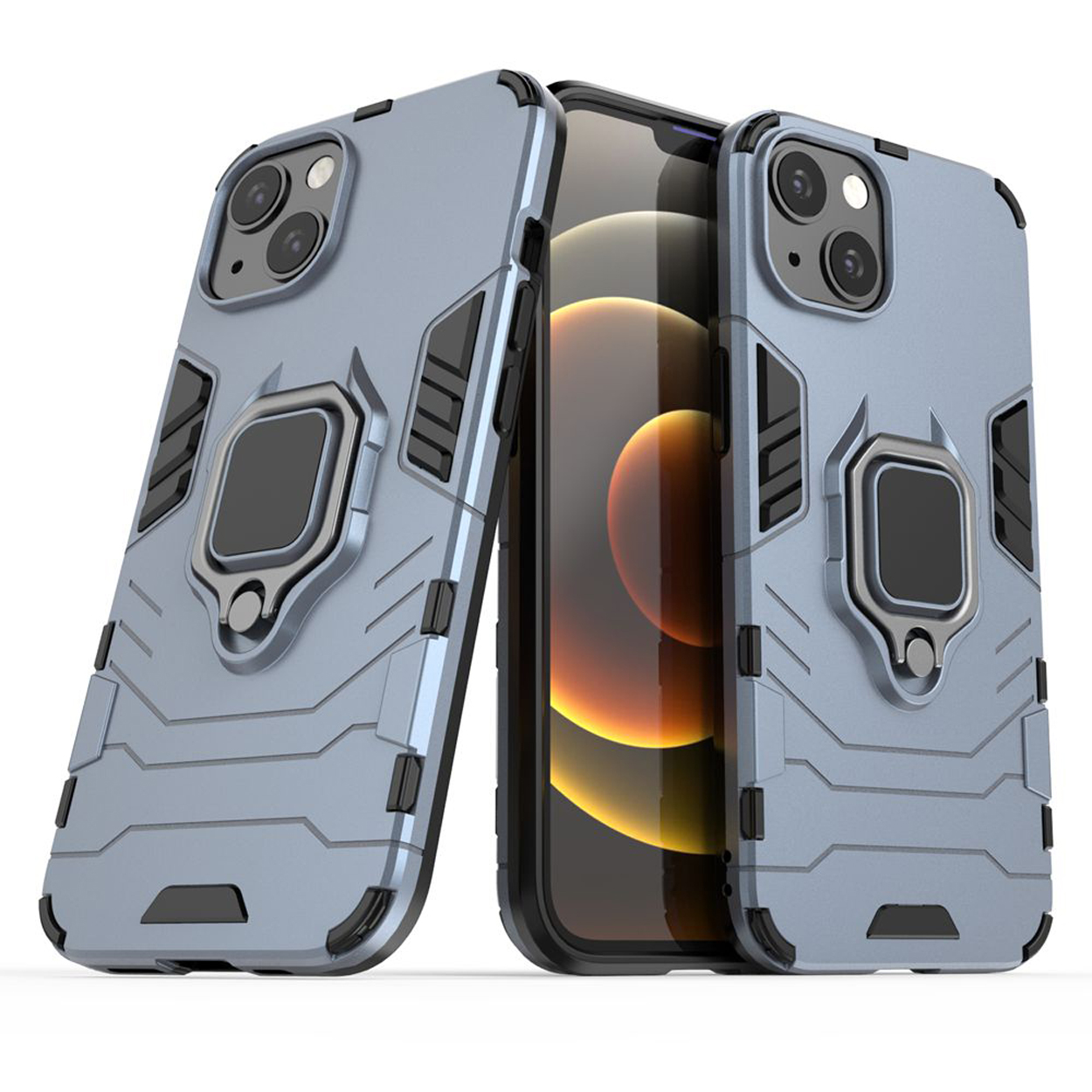Drie blauwe telefoonhoesjes met zwarte accenten en een ringhouder. Een telefoon is ertussen zichtbaar.