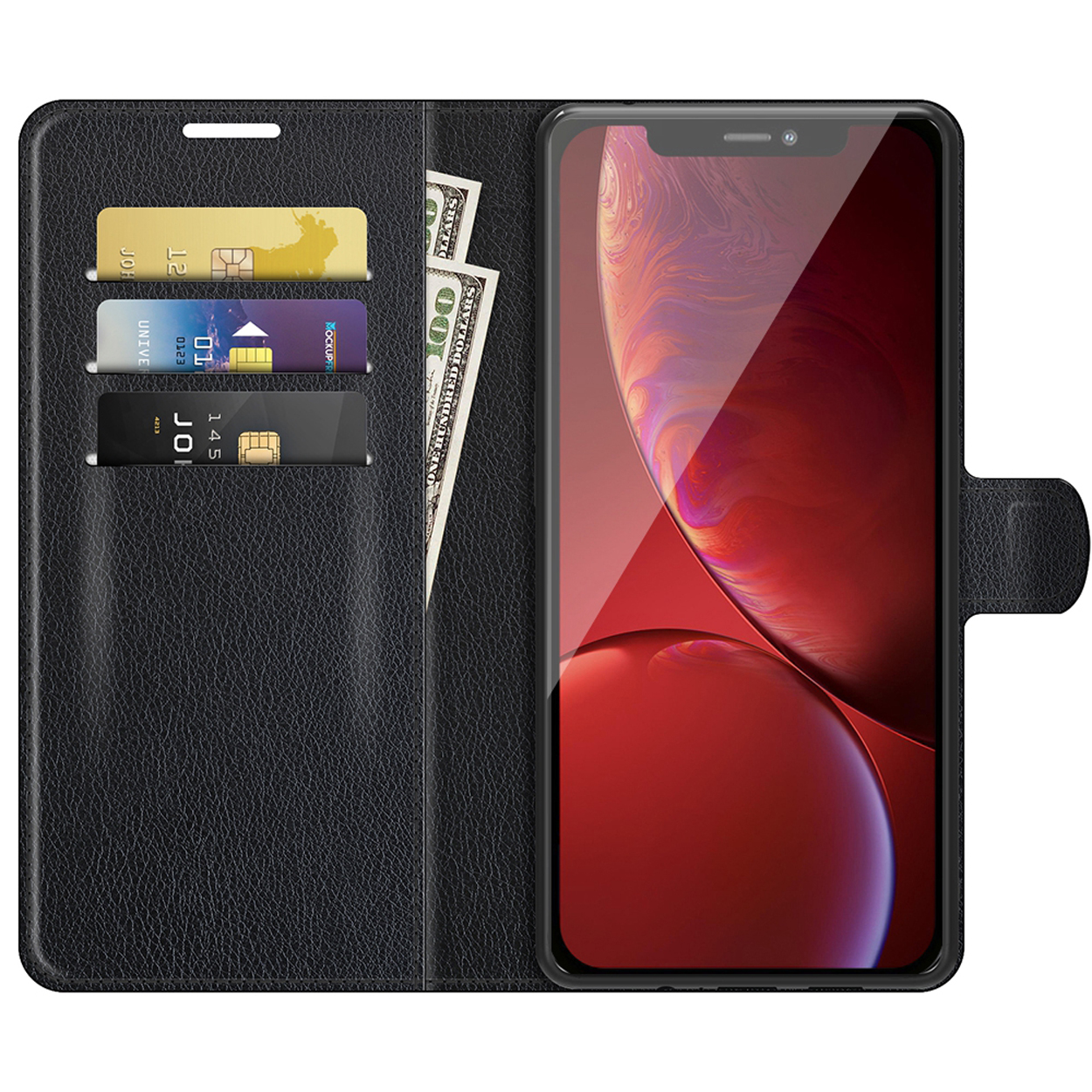 Coque de téléphone noire avec téléphone, trois fentes pour cartes et de l'argent liquide.