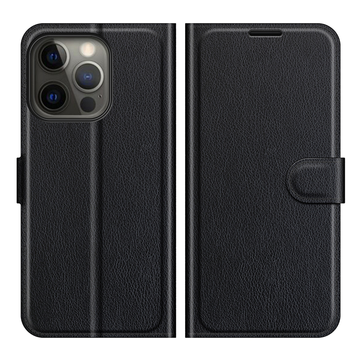 Étui de téléphone en cuir noir. Vues avant et arrière. Fermeture magnétique. Fond blanc.