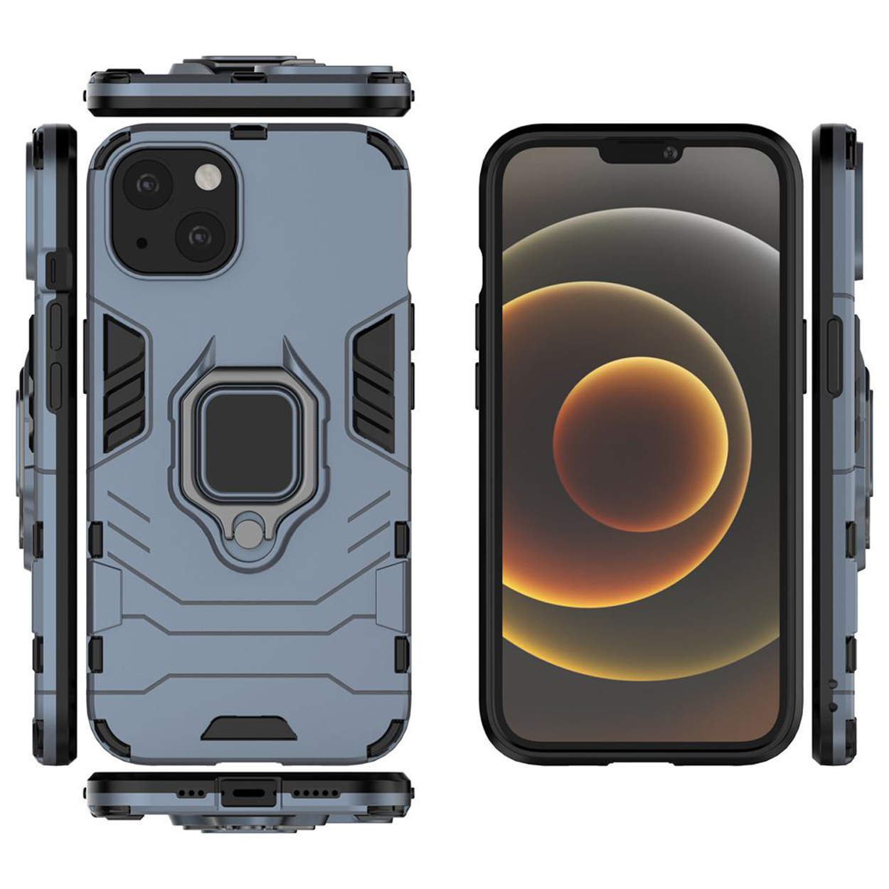 Blauwe telefoonhoes met een ringhouder en een telefoon, met meerdere weergaven.