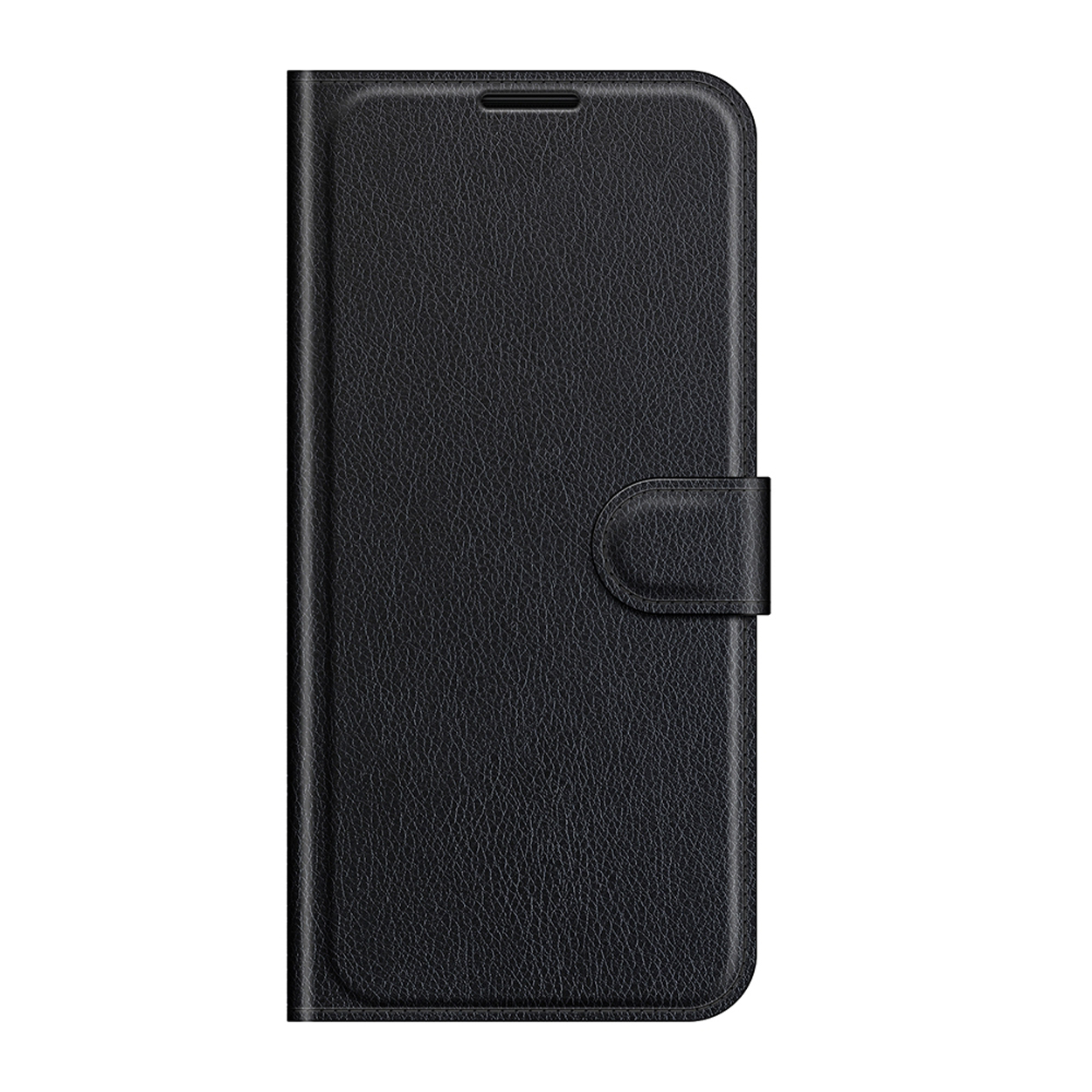 Étui de téléphone en cuir noir, fermé. Vertical, avec fermoir magnétique. Design simple.