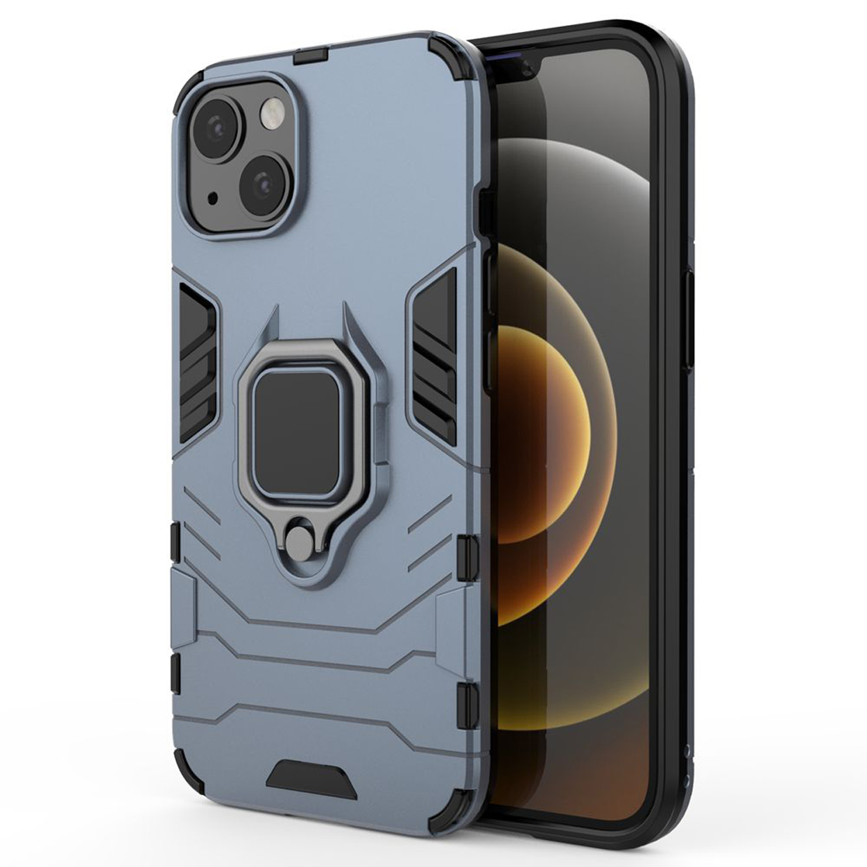 Grijsblauwe telefoonhoes met zwarte accenten en een ringhouder, naast een telefoon.