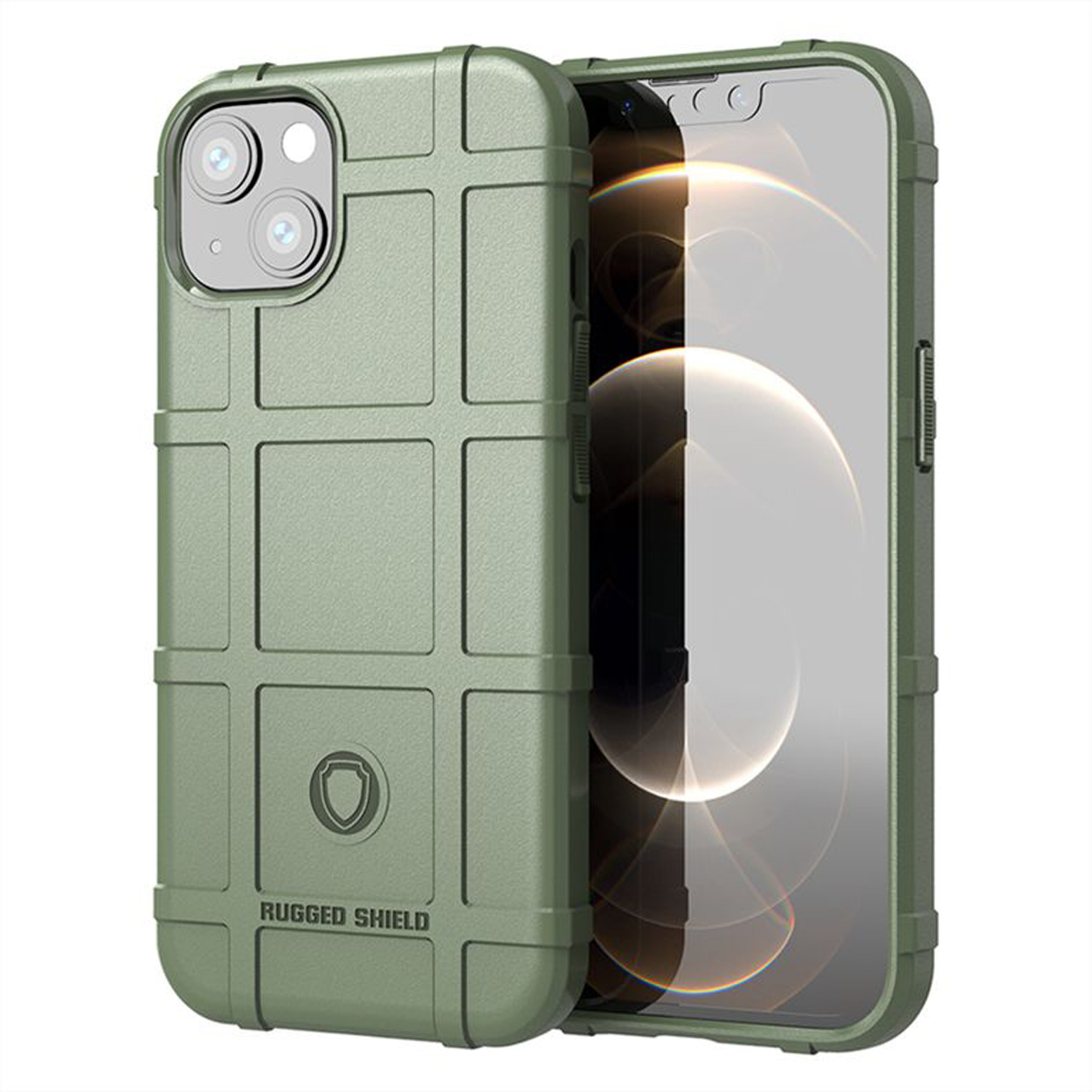 Une coque de téléphone verte avec un motif quadrillé et un logo en forme de bouclier. Fond blanc.