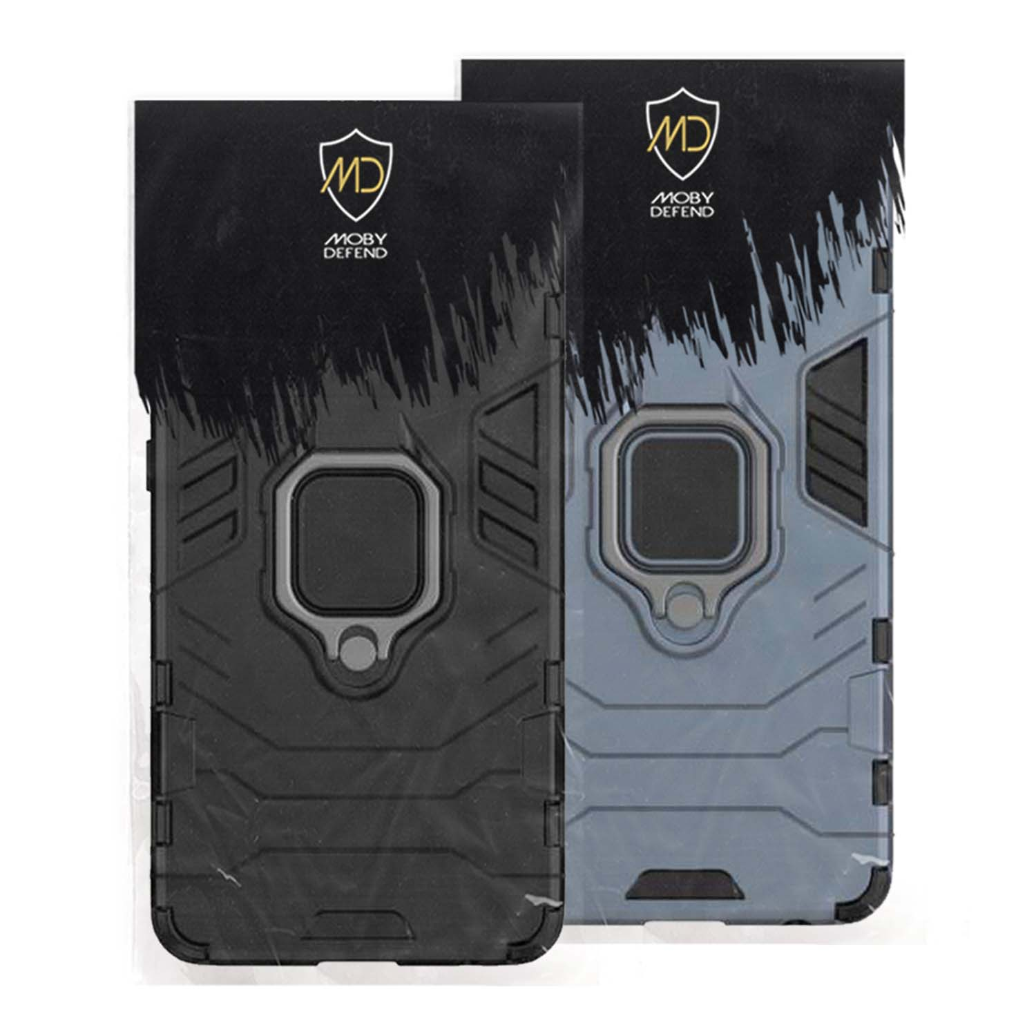 Twee telefoonhoesjes, zwart en grijs, met voor- en bovenaanzicht.