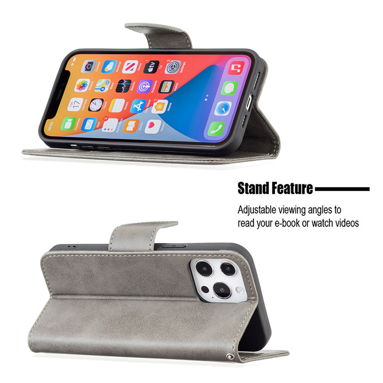 Telefoon in grijze hoes, open in standpositie.