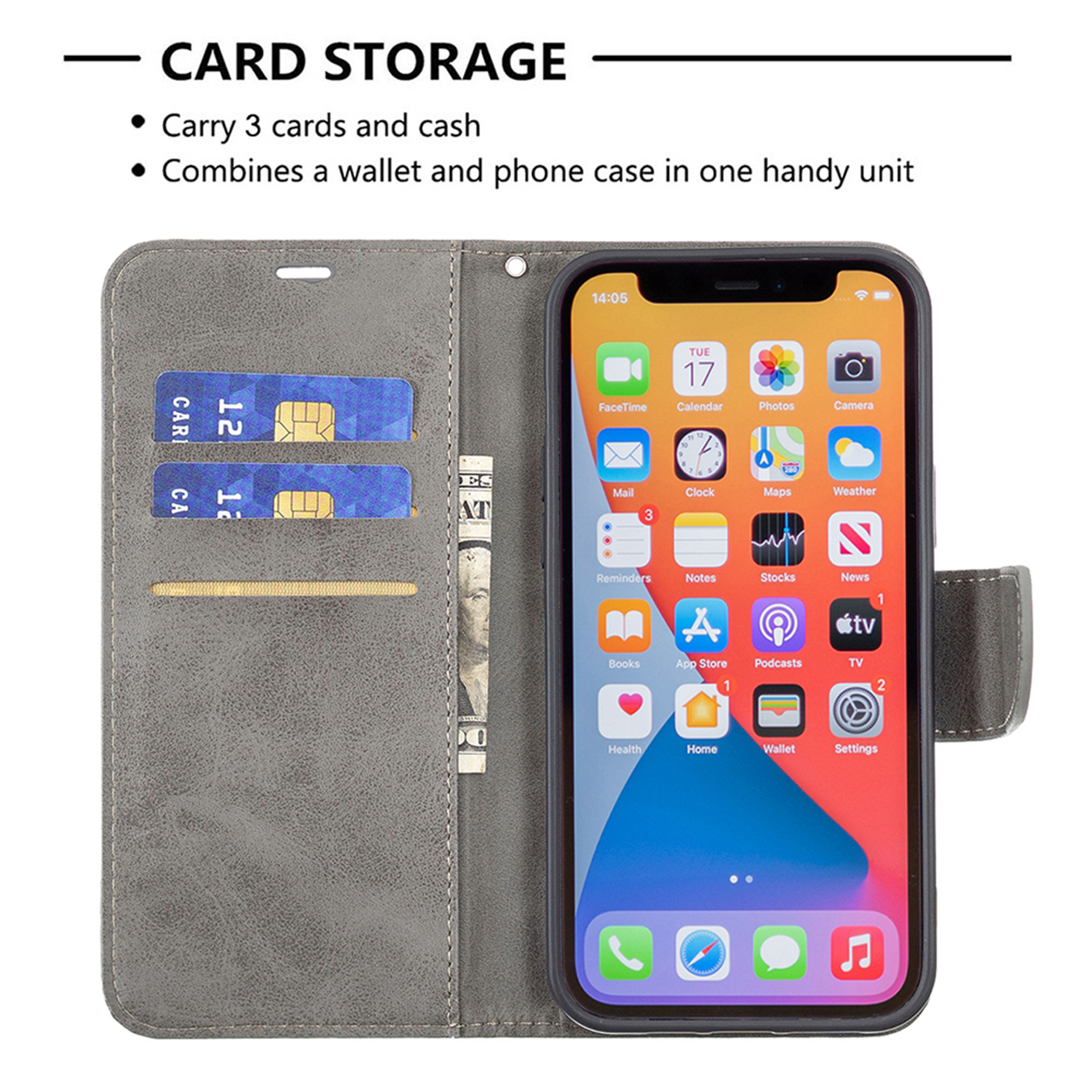 Grijze telefoonhoes portemonnee, iPhone binnenin. Kaarten en contant geld zichtbaar.