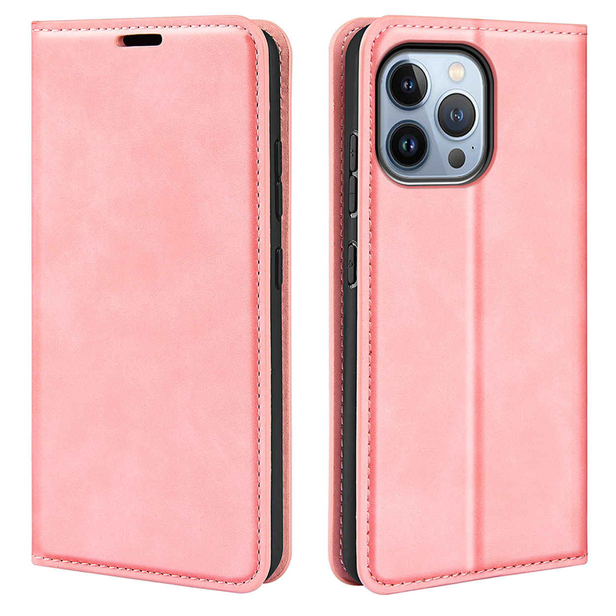 Étui de téléphone en cuir rose, ouvert. Le téléphone est visible à l'intérieur. Deux parties, ouvertes et fermées.
