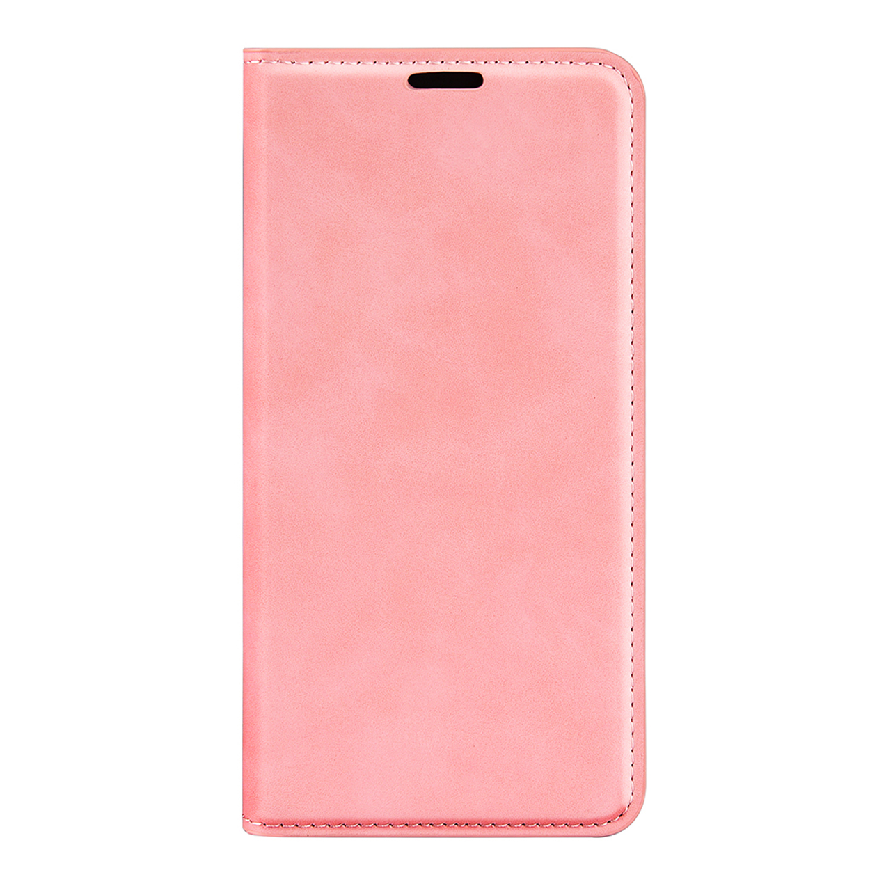 Un étui de téléphone en cuir rose. Le dessus a un trou pour le haut-parleur et les coutures sont visibles.