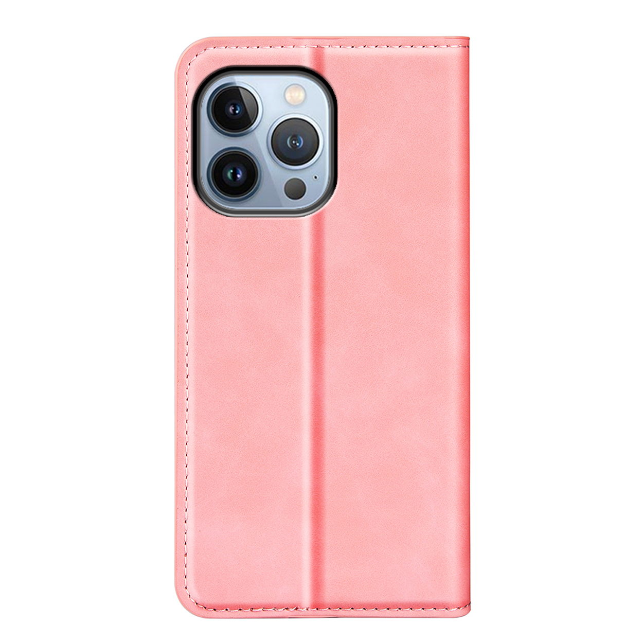 Étui de téléphone en cuir rose. Gros plan, vue de face. Fond blanc.
