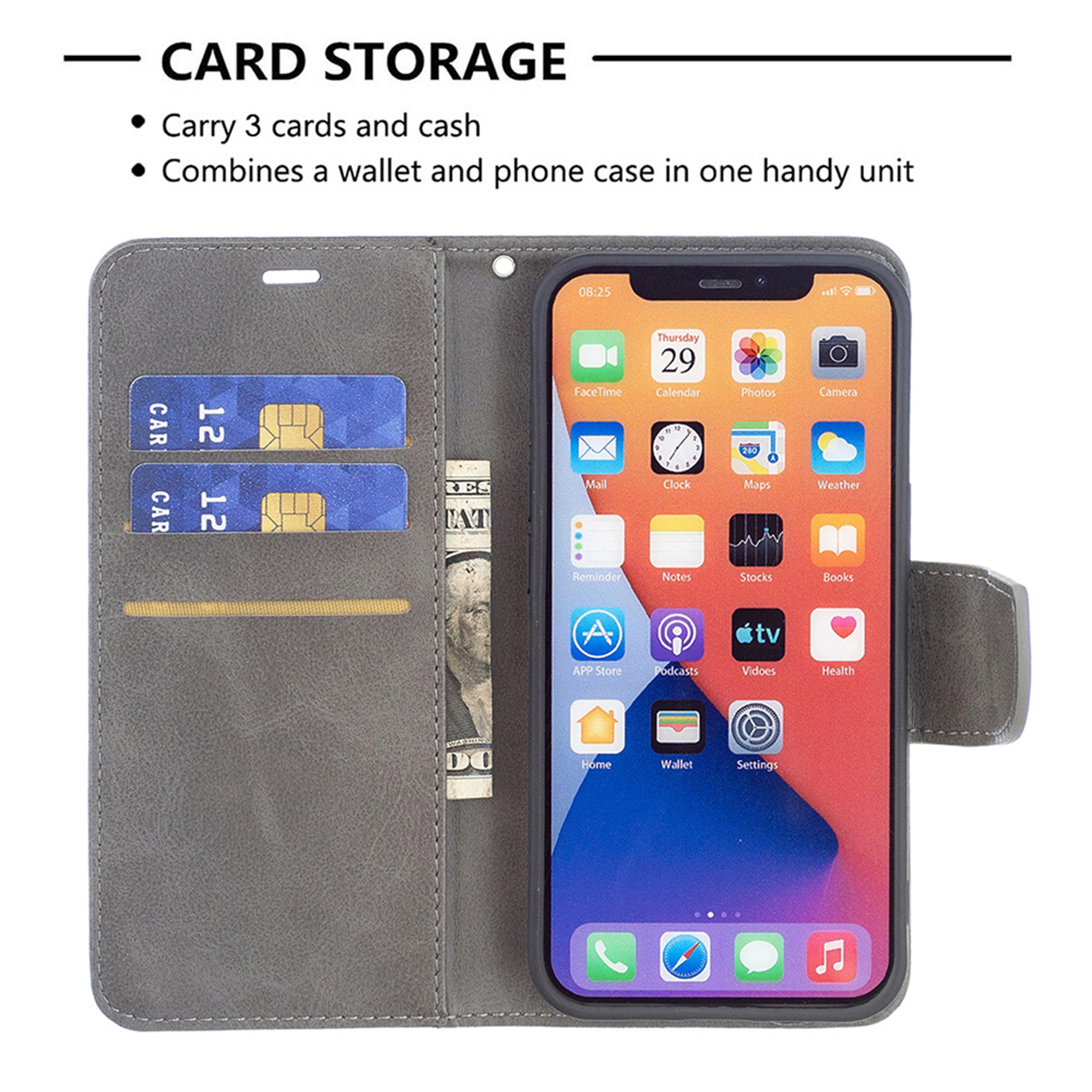 Open telefoonhoes, met een telefoon met apps, kaarten en contant geld in kaartsleuven, grijze hoes.