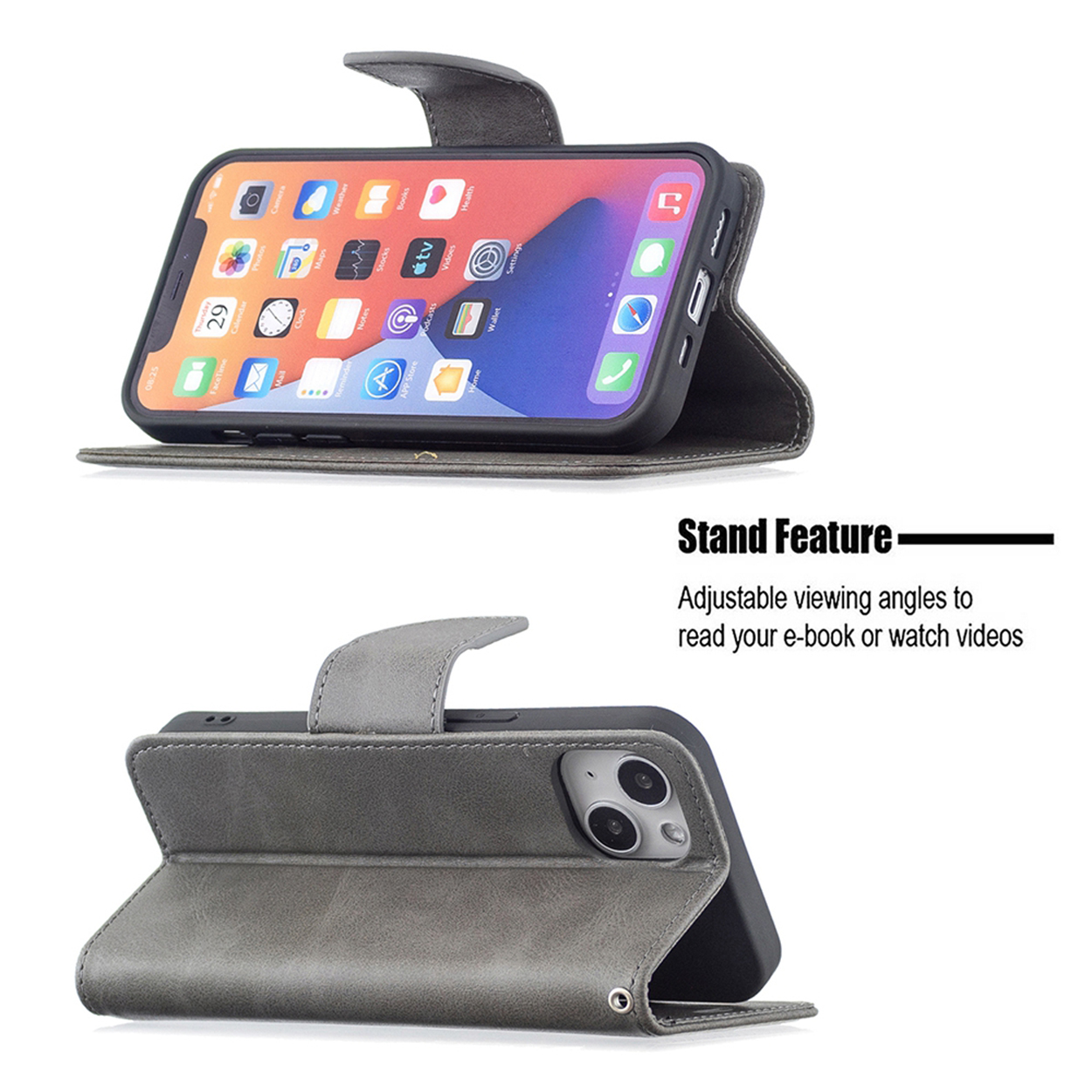 Telefoon in grijze leren hoes, opengevouwen om een standaard te vormen.