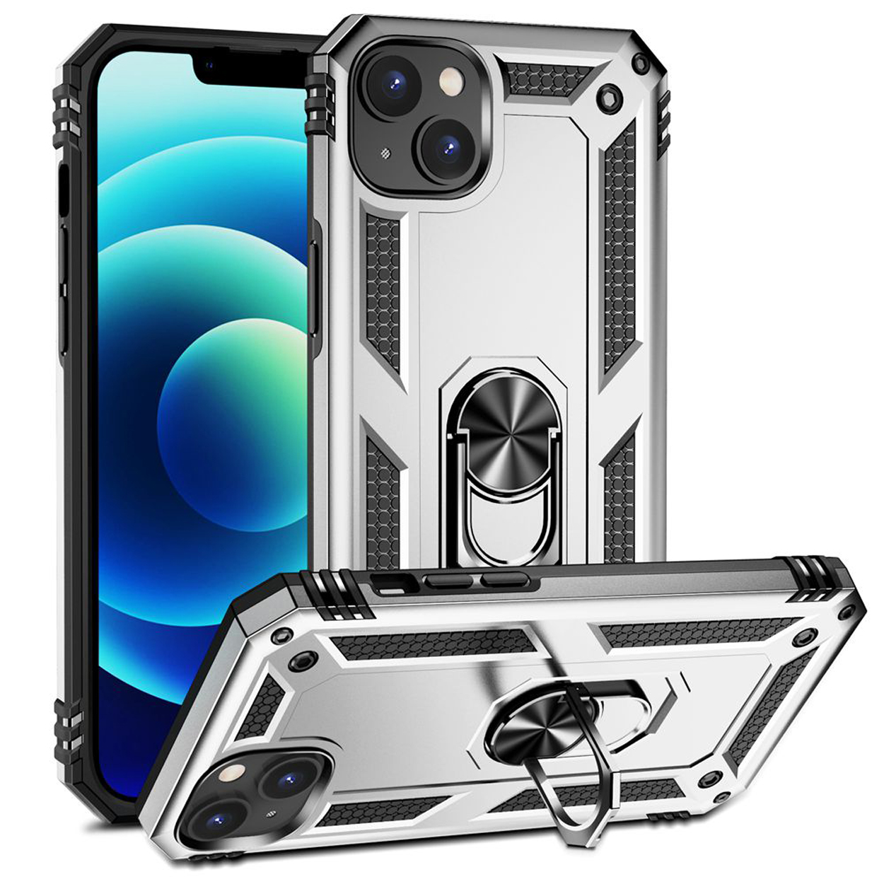 Zilveren telefoonhoes met ringhouder, met een telefoon erin, met een groot scherm.