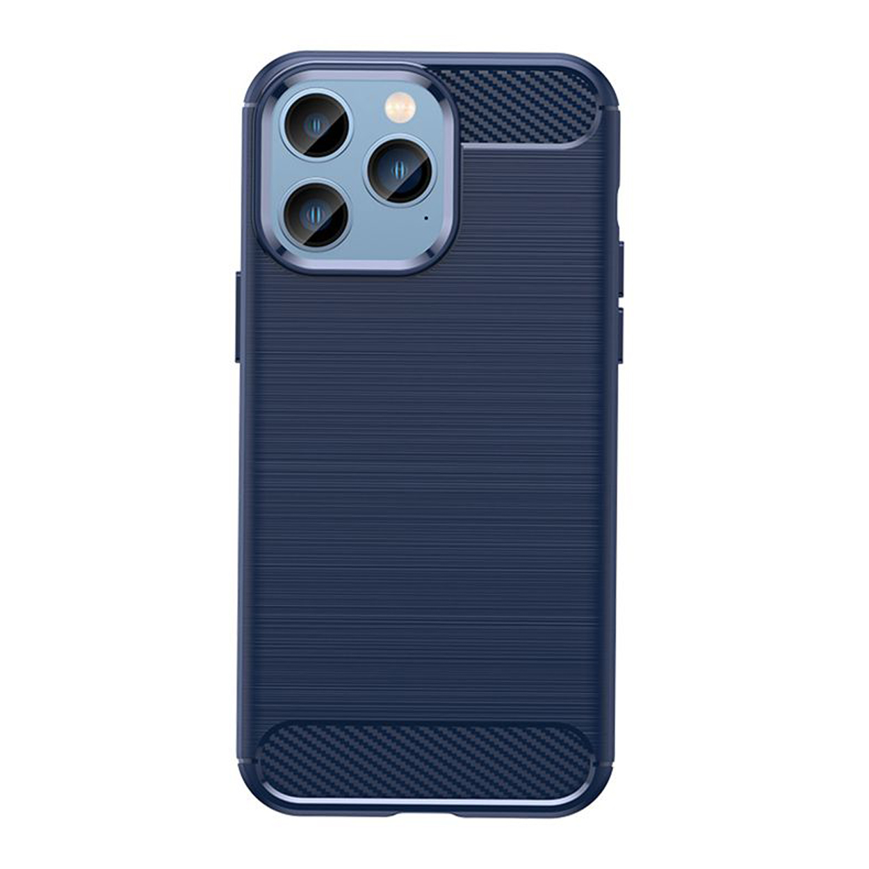 Coque de téléphone bleue. Montrant le dos et les côtés.