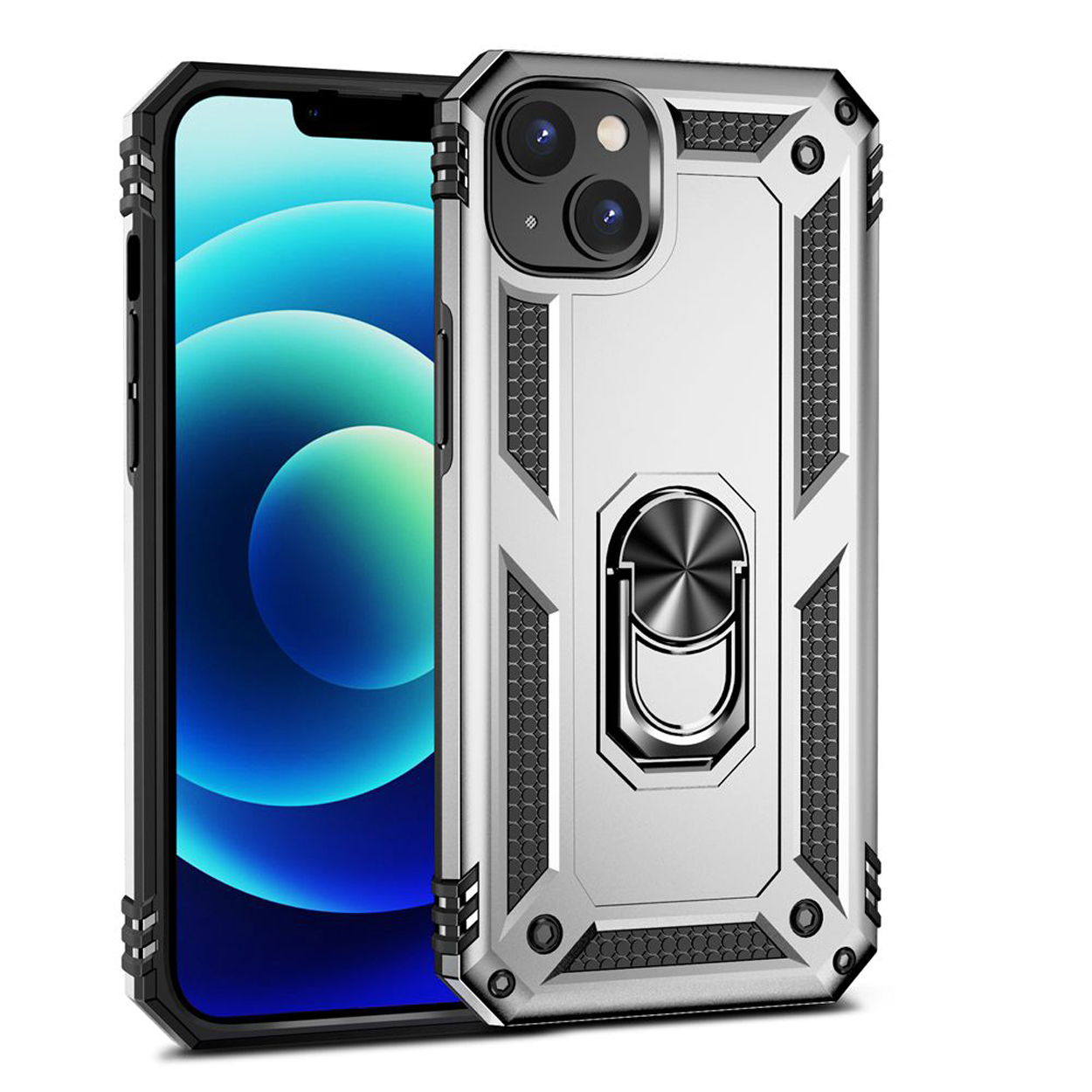Zilveren telefoonhoes met zwarte accenten en ringhouder.