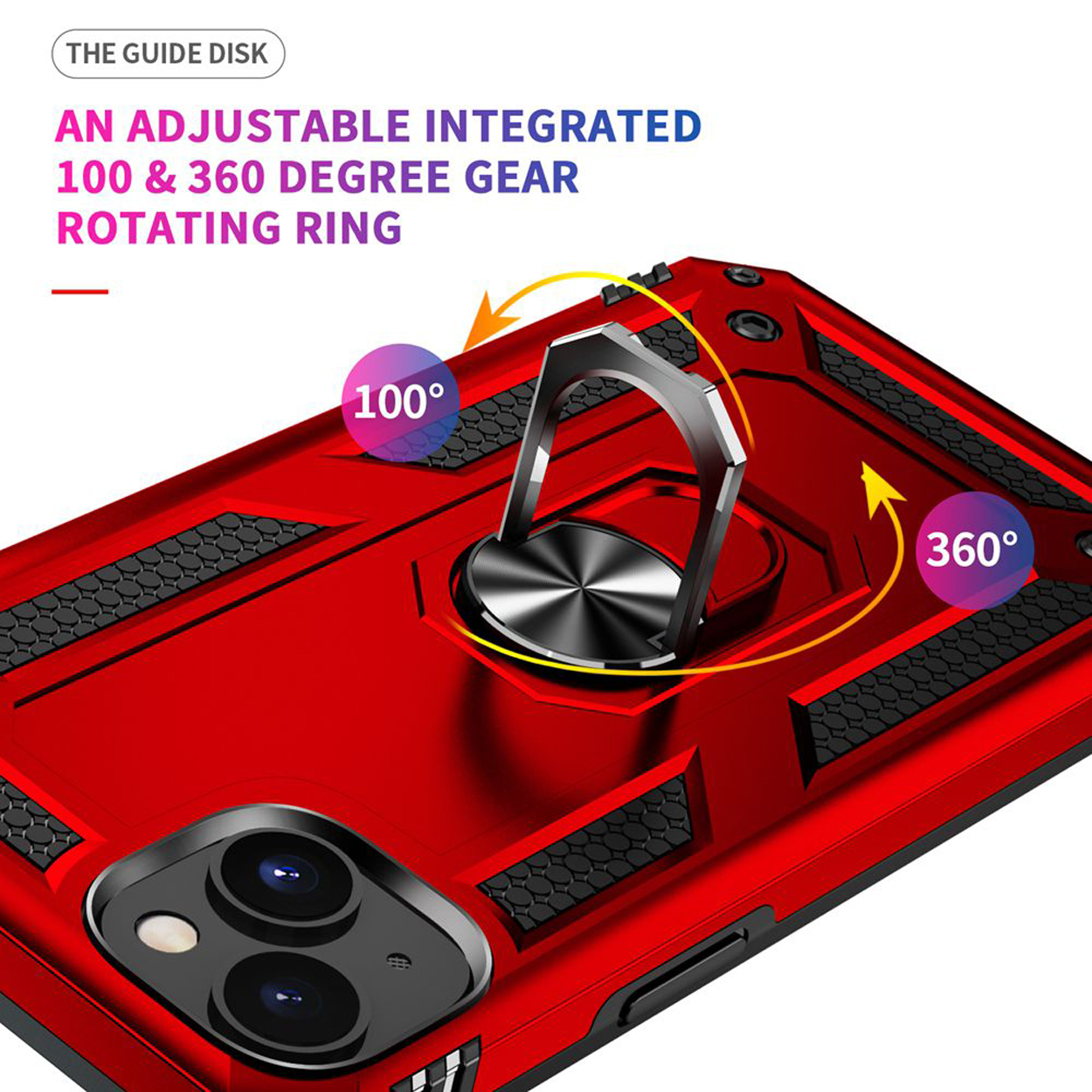 Rode telefoonhoes met ringhouder, 100 en 360 graden rotatie. Tekst: "Verstelbare geïntegreerde roterende ring".