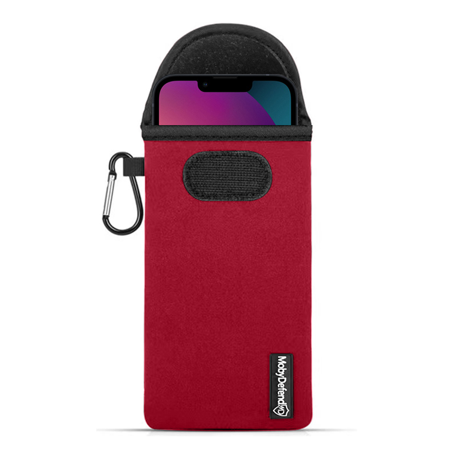 Rode telefoonhoes met een telefoon erin en een karabijnhaak.