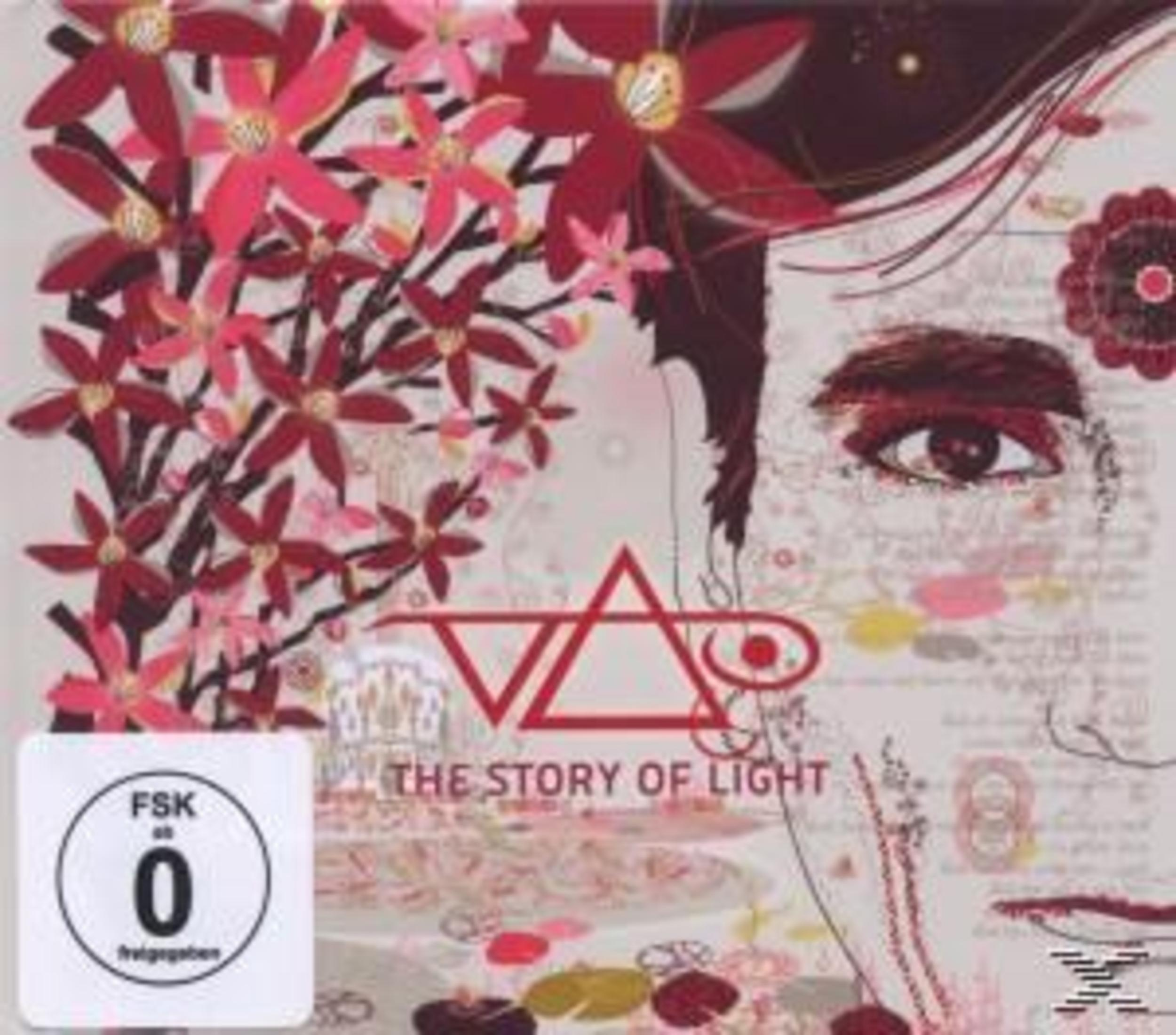 Albumhoes met de titel 'THE STORY OF LIGHT', een vrouwen gezicht, bloemen en een symbool, met een beoordelingslabel.
