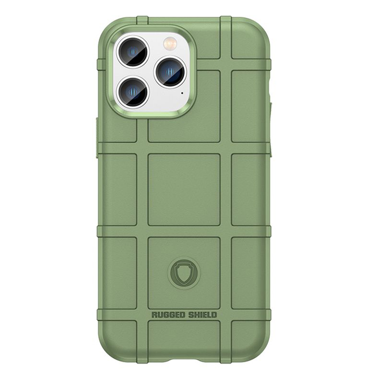 Groene robuuste telefoonhoes. Rasterpatroon, met een logo aan de onderkant.