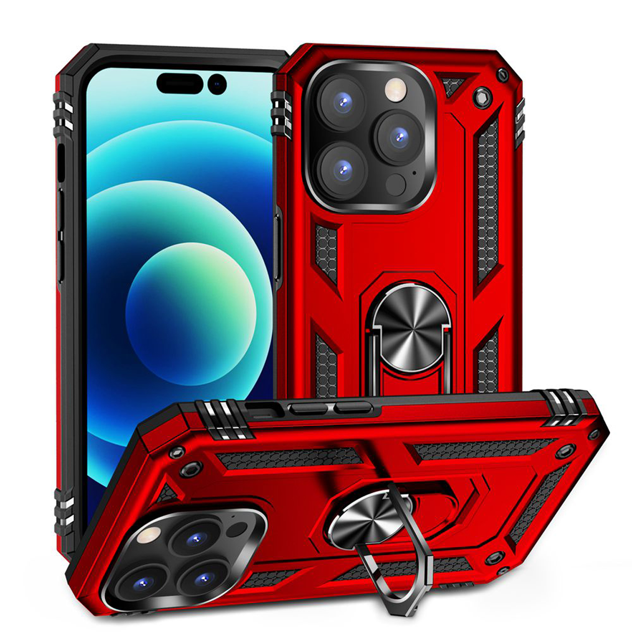 Rode telefoonhoes met een telefoon erin. Het heeft een metalen ring en een zwart en rood ontwerp.