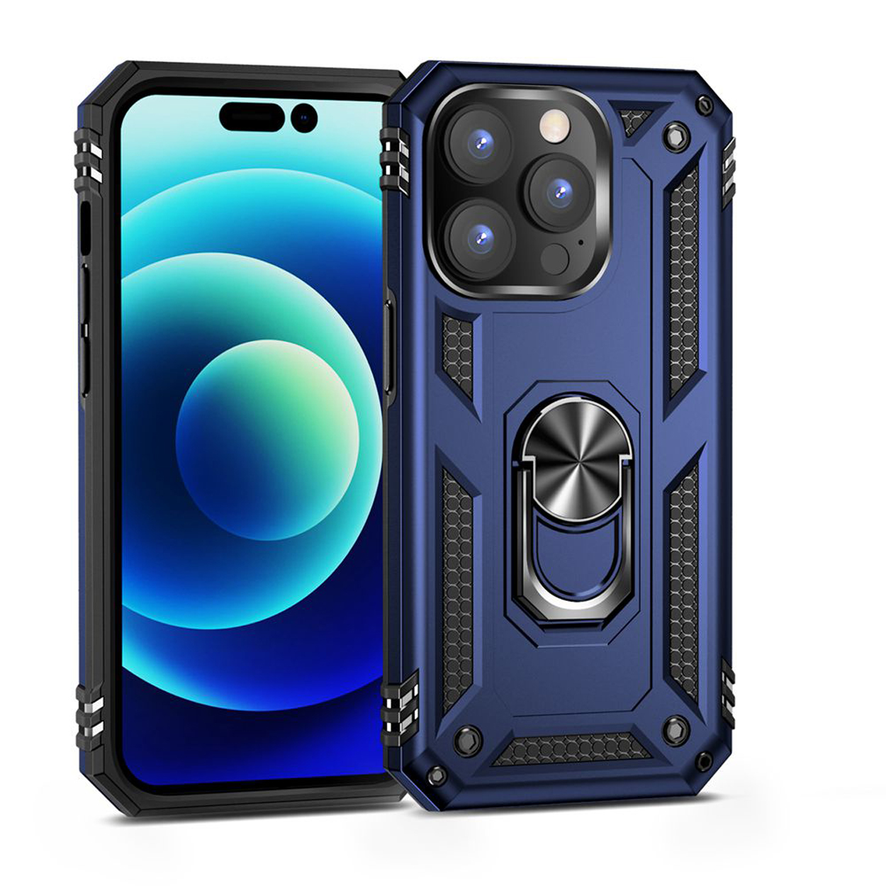 Blauwe telefoonhoes met een telefoon erin. De hoes heeft een ringhouder.