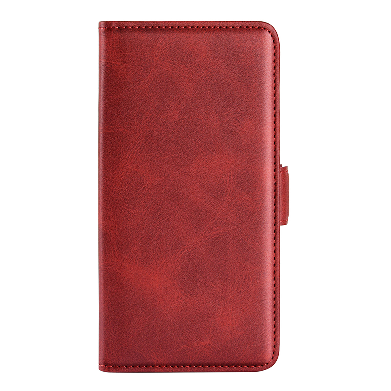 Gesloten, rode leren telefoonhoes. Textuur van de hoes is zichtbaar. Stiksels zijn zichtbaar.