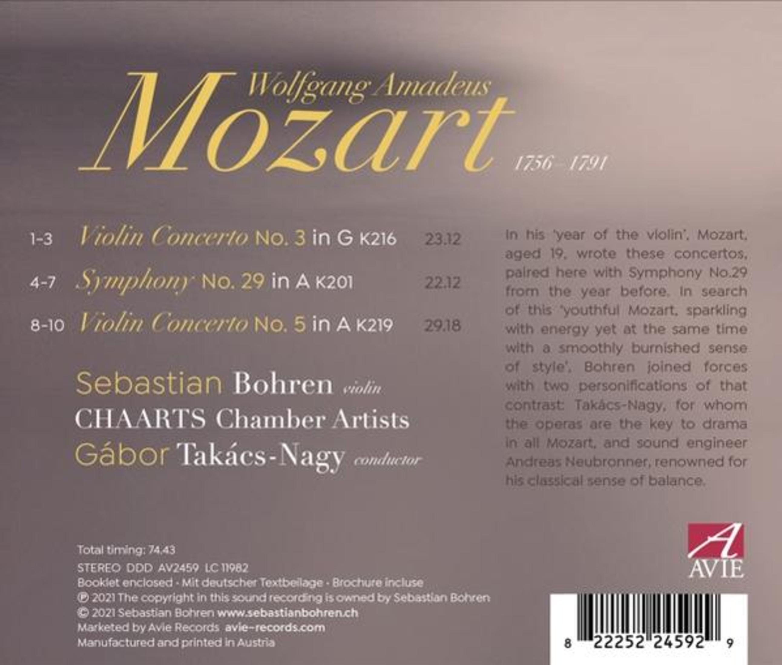 Album cover with text, including 'Mozart' and '1756-1791', and musical details, on a white background.