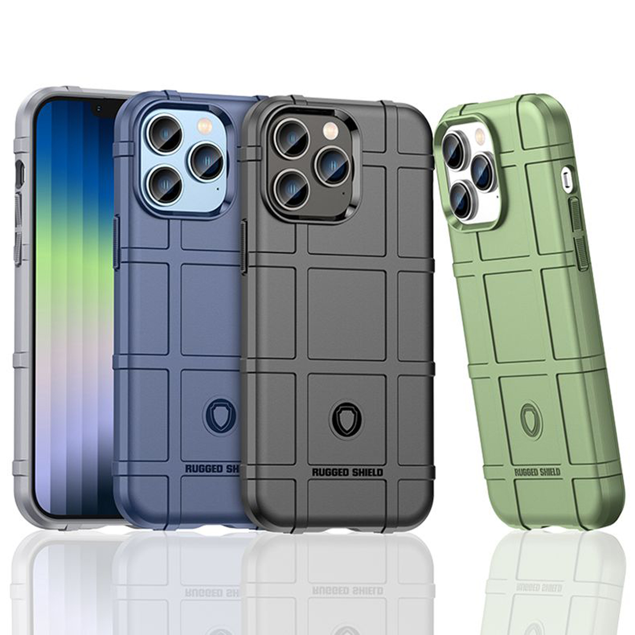 Drie telefoonhoesjes: blauw, zwart en groen, in een rij gerangschikt. Elk heeft een robuust ontwerp.