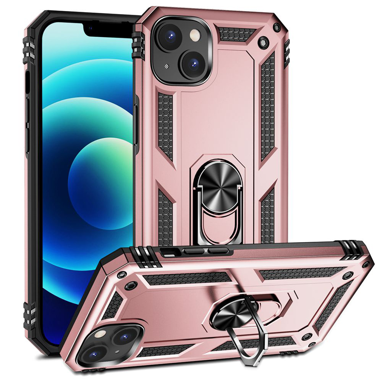 Coque de téléphone rose avec détails noirs et support en anneau, montrant un téléphone. Une autre coque visible.