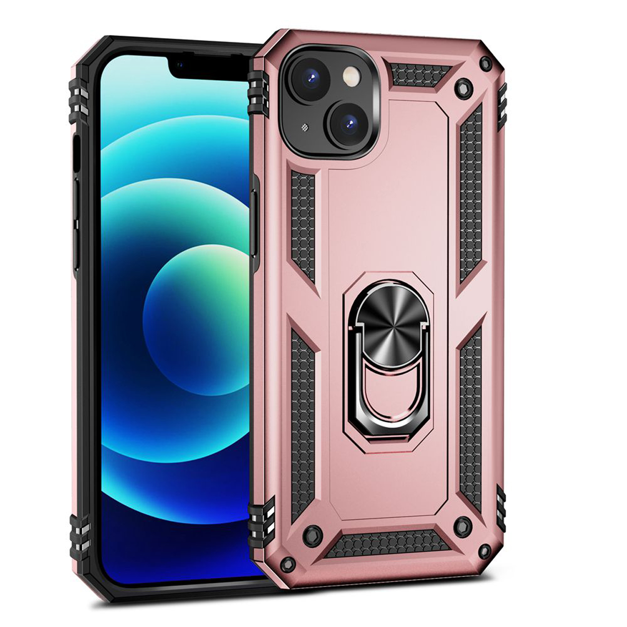 Coque de téléphone rose avec des accents noirs. Un téléphone est dedans, avec les lentilles de l'appareil photo visibles.