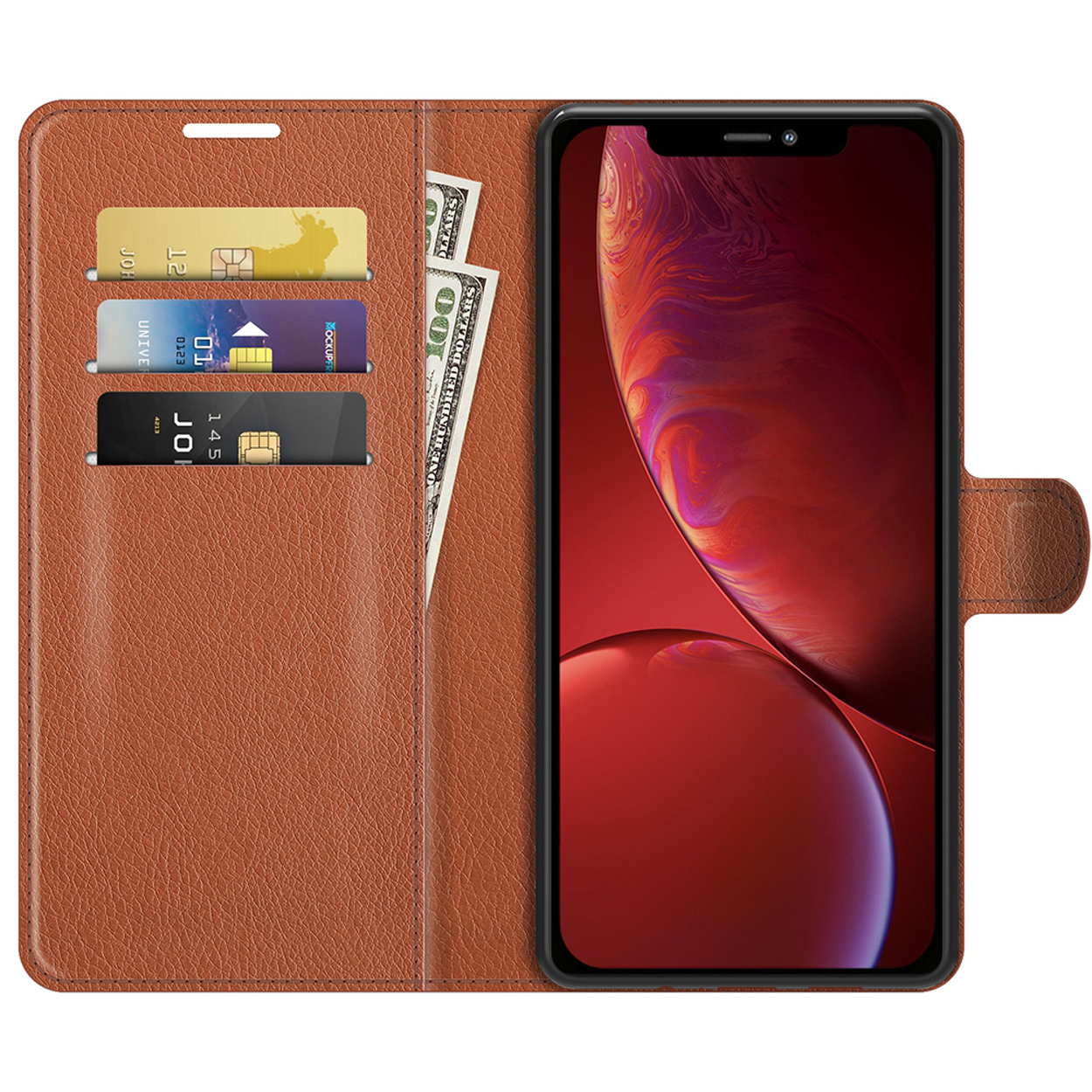 Bruine telefoonhoes met creditcards en contant geld, en een rood telefoonscherm in beeld.