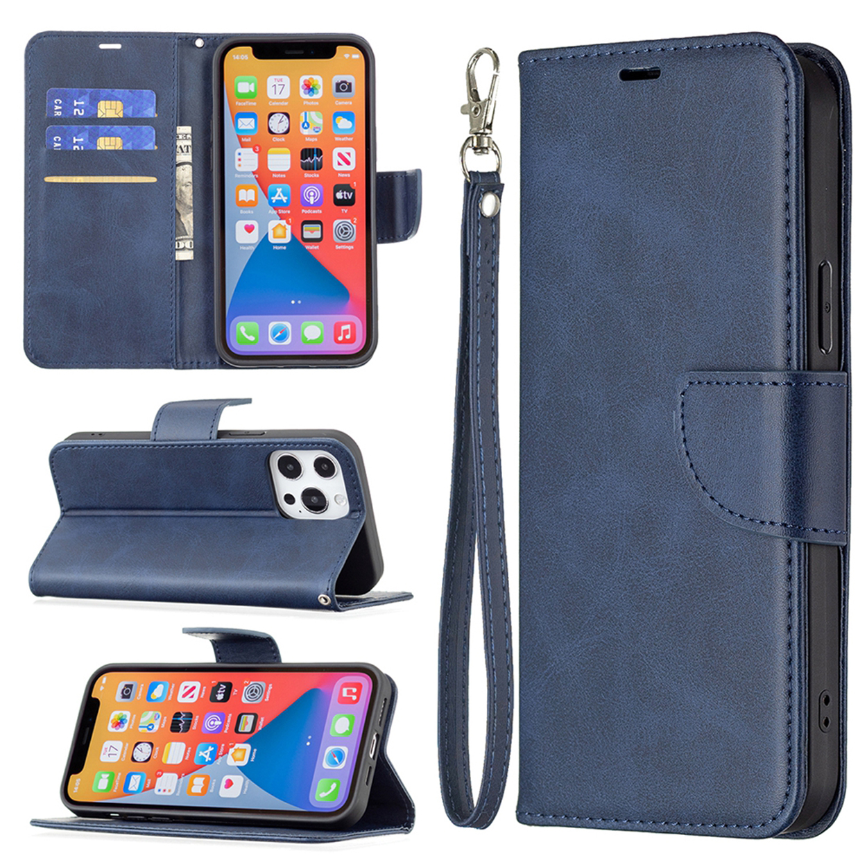 Blauwe telefoonhoes met een smartphone. De hoes is open, met kaarten en contanten. De telefoon heeft een interface.