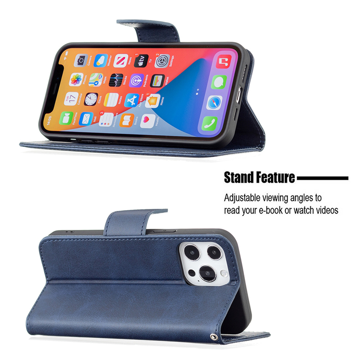 Telefoon in een blauwe hoes, open en opgevouwen om te staan. Tekst: Standfunctie, verstelbare kijkhoeken.