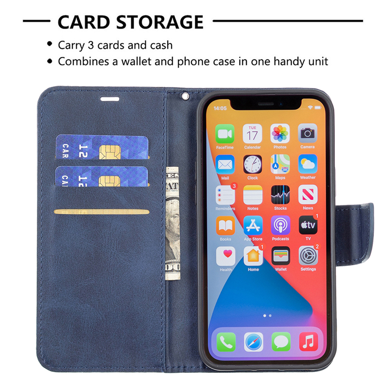 Blauwe telefoonhoes open met telefoon, kaarten en contant geld.