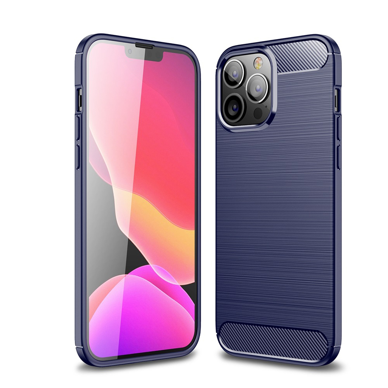 Coque de téléphone bleue avec téléphone à l'intérieur, bleu foncé, dos et côtés texturés, caméra visible.