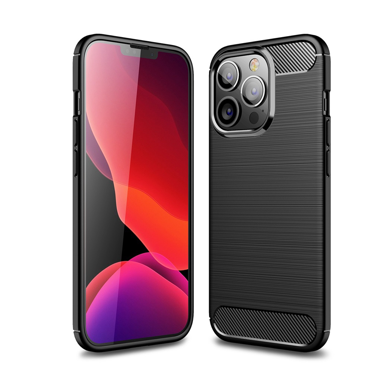 Zwarte telefoonhoes met een telefoon erin. Telefoon geeft een scherm weer. Hoes heeft een camera-uitsparing en koolstofvezel accenten.