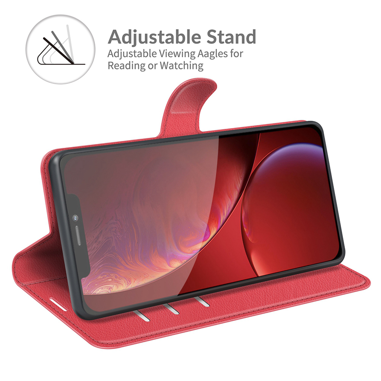 Rode telefoonhoes met een open telefoon die een rood scherm toont, met een verstelbare standaard.