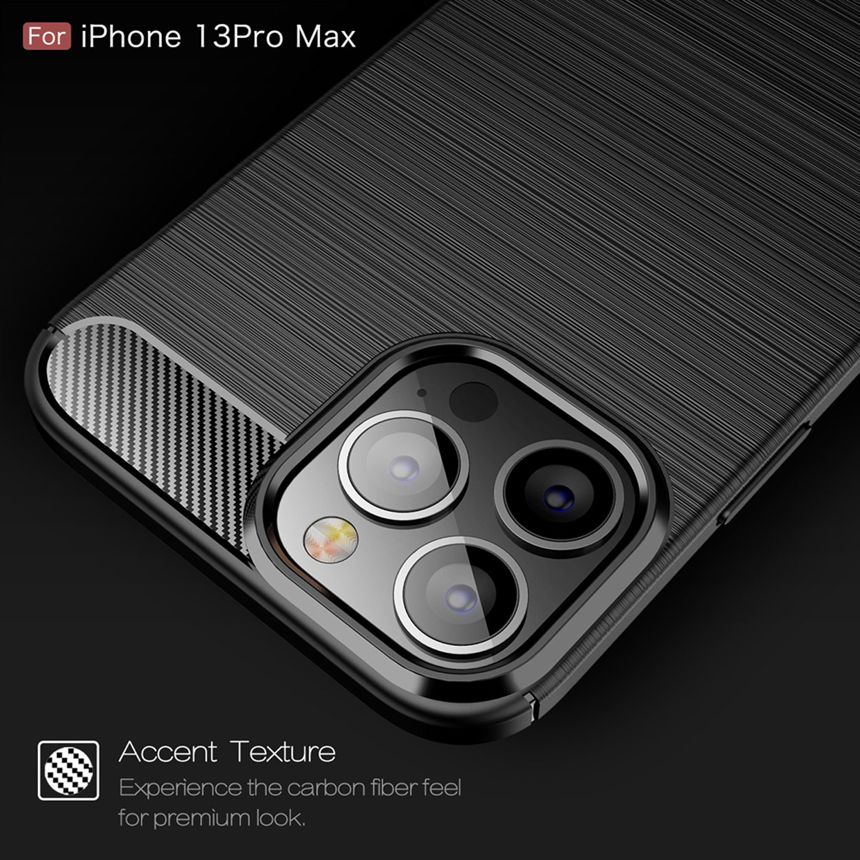 Close-up van iPhone-hoesje met een gestructureerd oppervlak en een camera-uitsparing. 'For iPhone 13 Pro Max' bovenaan.