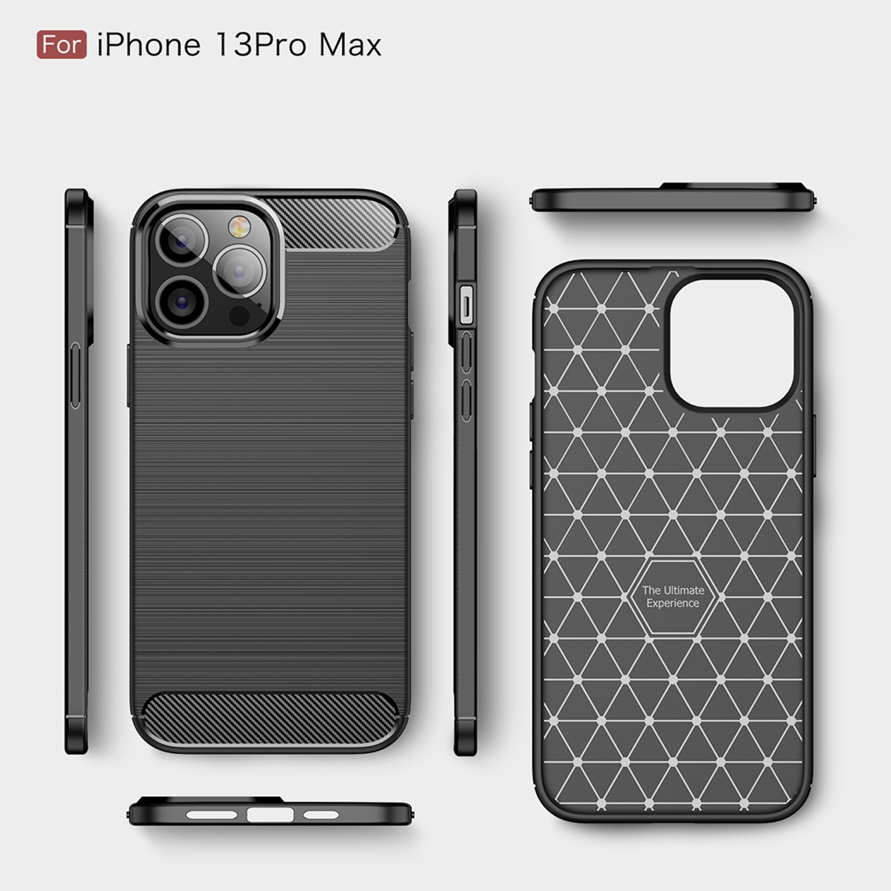 Coque de téléphone, noire, plusieurs vues. Pour iPhone 13 Pro Max, avec un design géométrique.