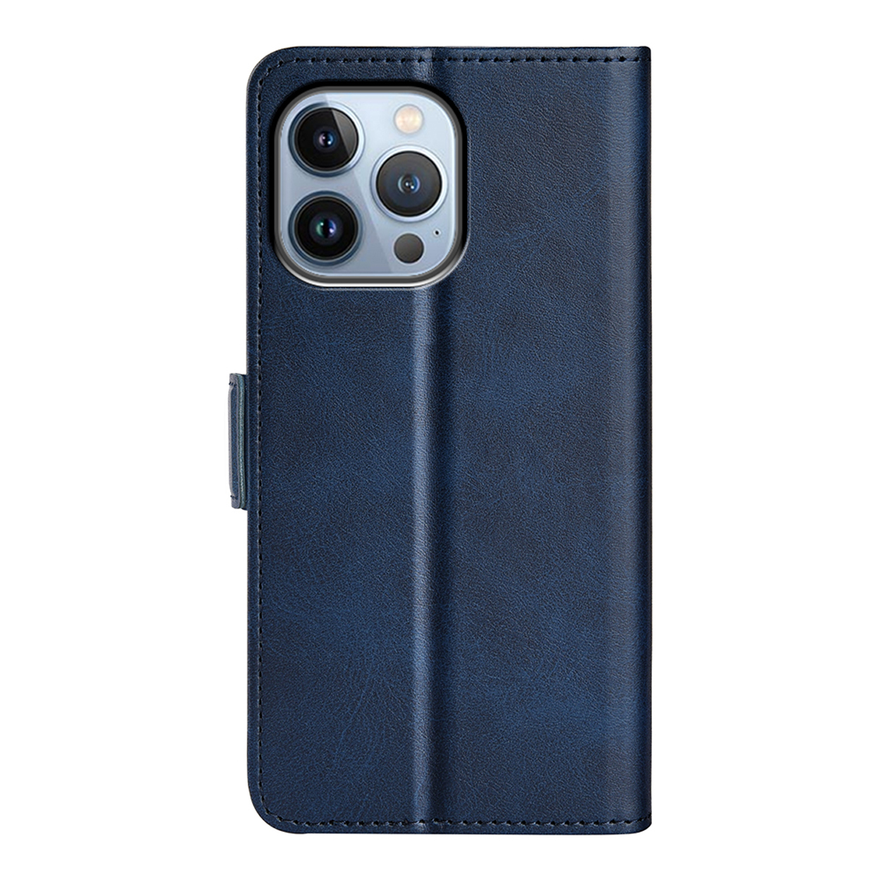 Blauwe telefoonhoes, vooraanzicht. Telefoon niet zichtbaar.