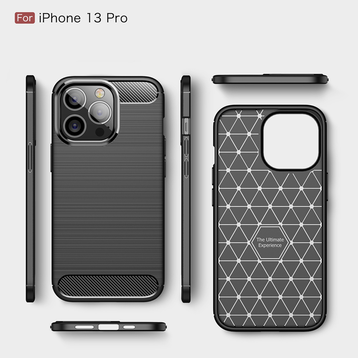 Zwarte telefoonhoes, meerdere weergaven. Zwarte hoes met getextureerde achterkant. Tekst: "Voor iPhone 13 Pro". Zijkanten van de hoes zijn zichtbaar.