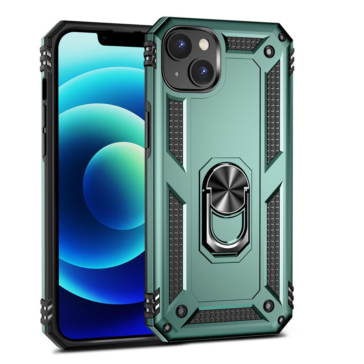 Groene telefoonhoes met een ringhouder. De telefoonhoes staat op een witte achtergrond.