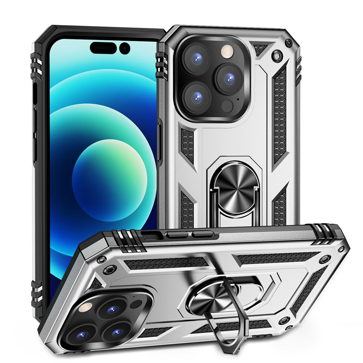 Zilveren telefoonhoes met een telefoon erin. Het heeft een metalen ring en een zwart en zilver ontwerp.