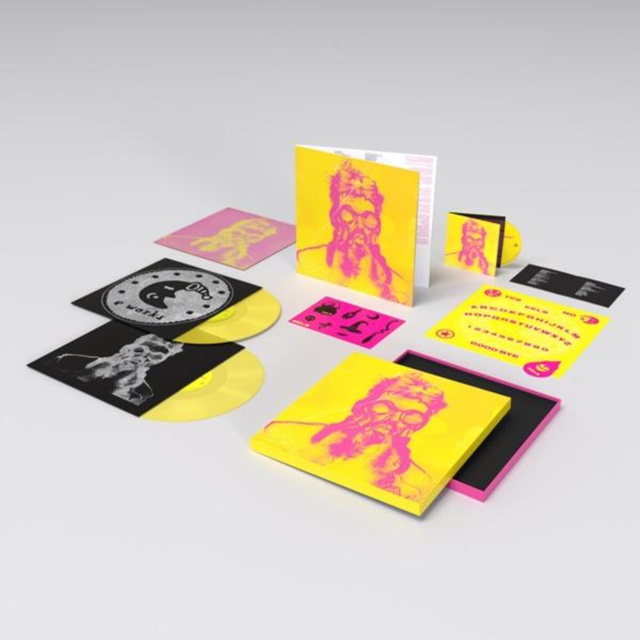 Artwork dell'album con colori giallo e rosa, vari elementi tra cui un vinile.