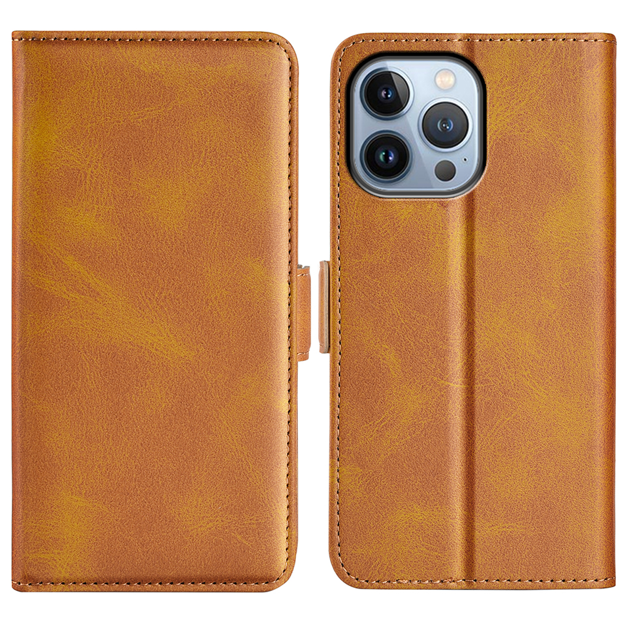 Bruine leren telefoonhoes. Voor- en achteraanzicht. Magnetische sluiting. Witte achtergrond.