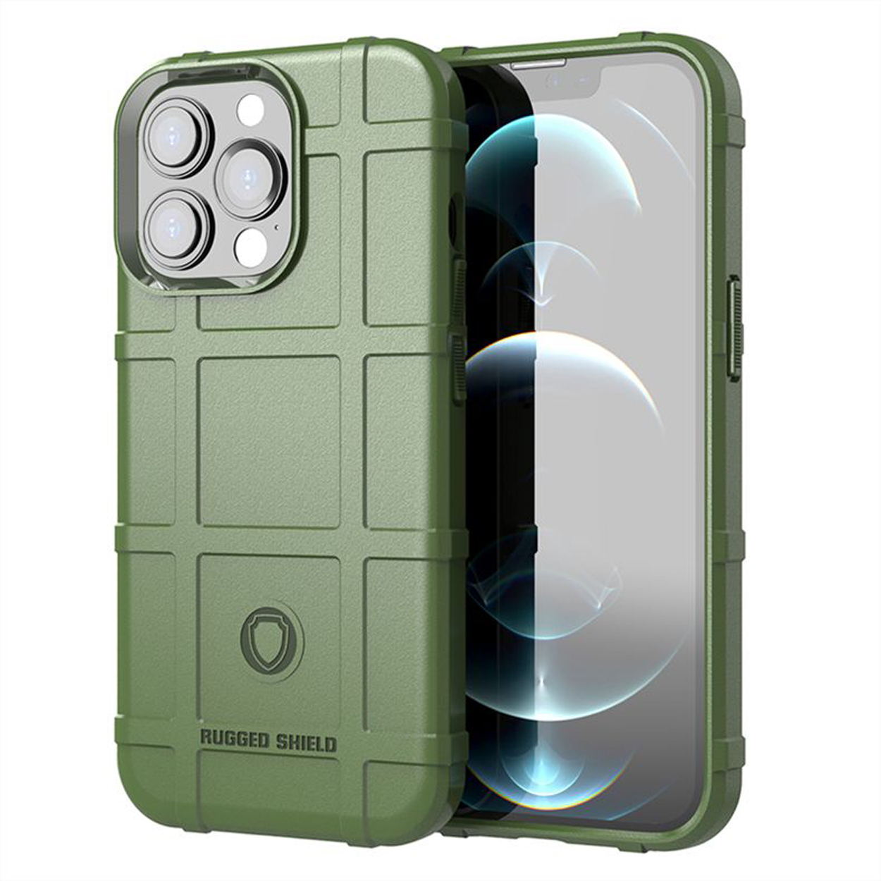 Groene telefoonhoes met een rasterpatroon en een telefoon erin.