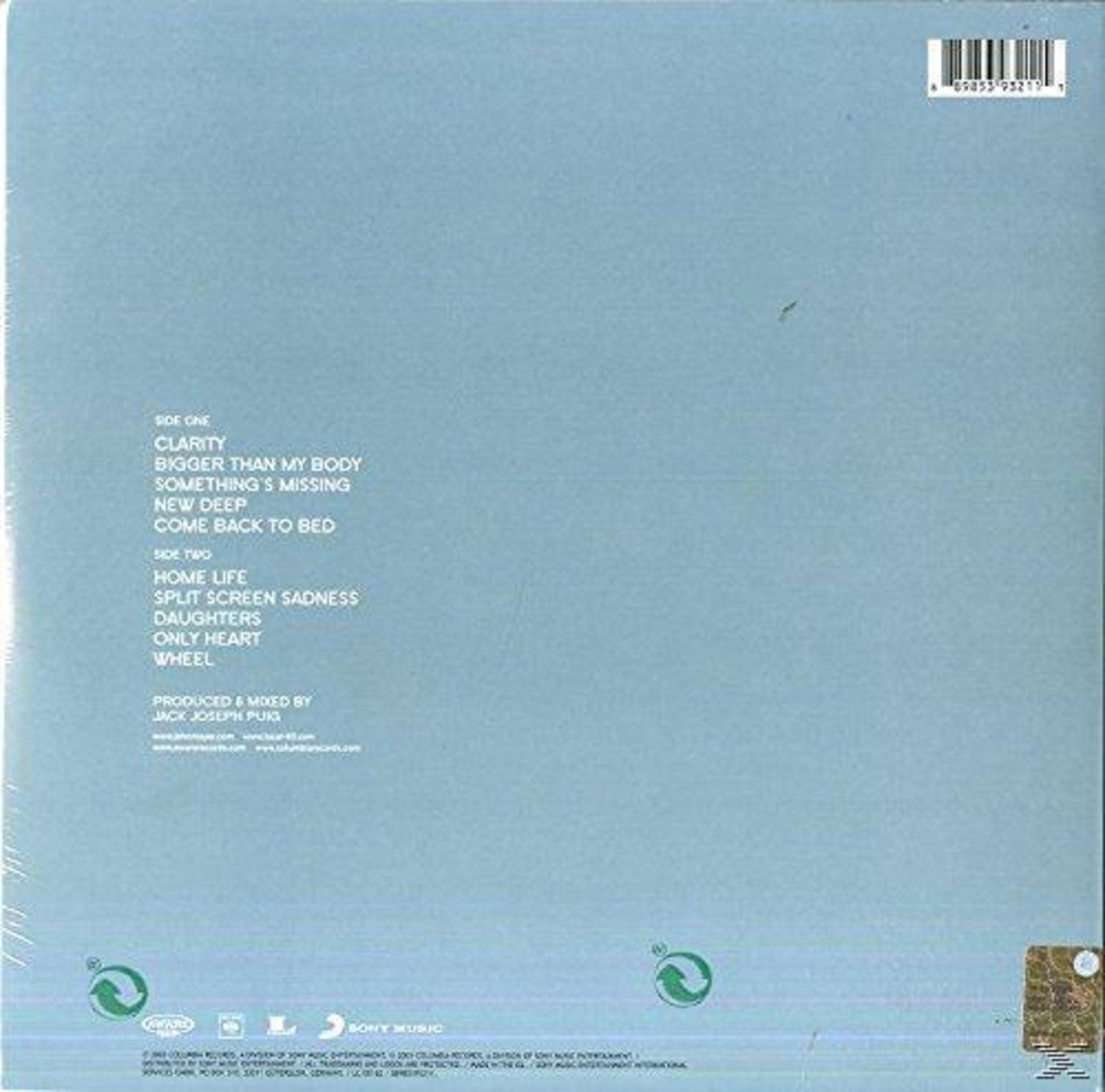 Album back cover with song titles and production credits. Blue background.