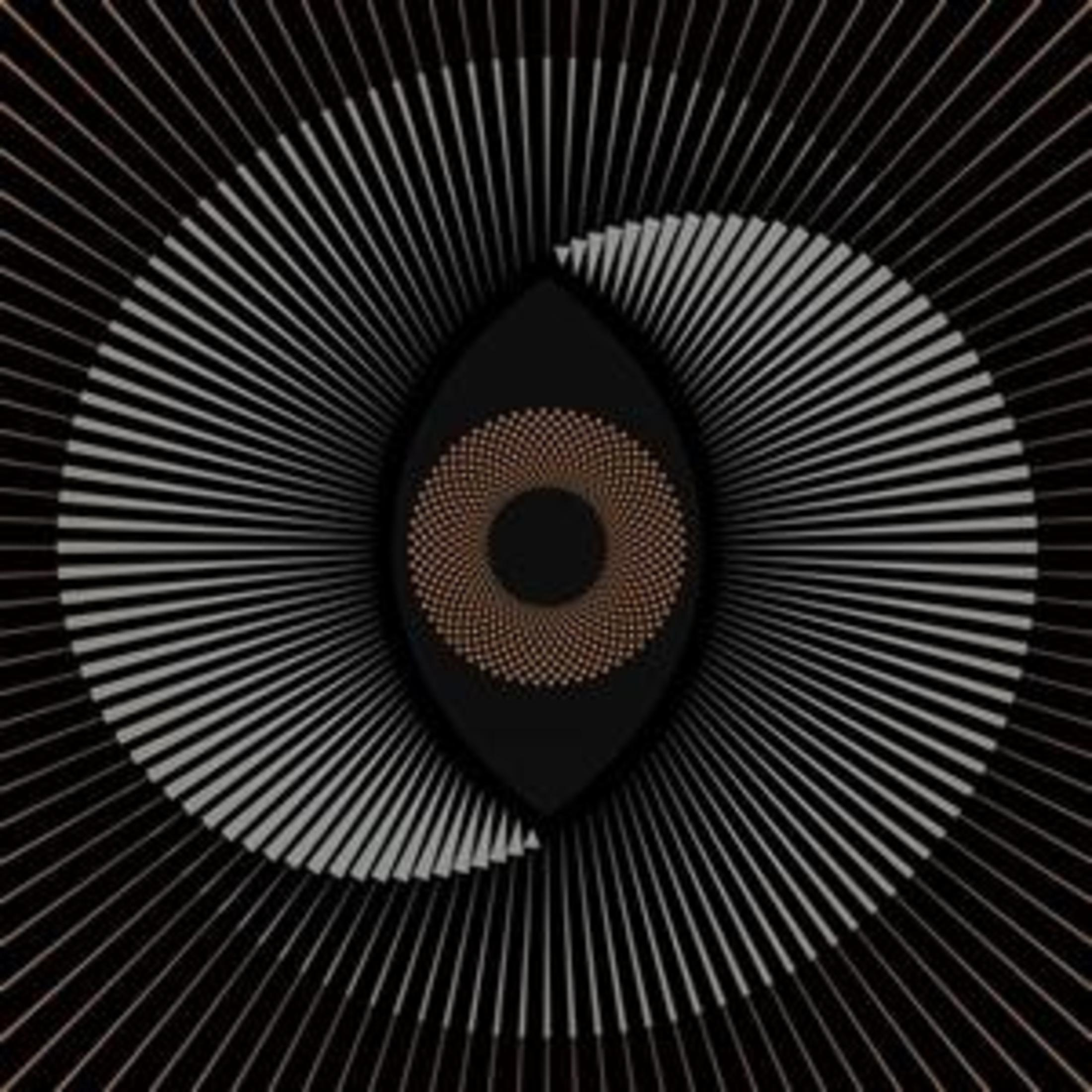Design astratto a forma di occhio con linee radiali su sfondo nero.