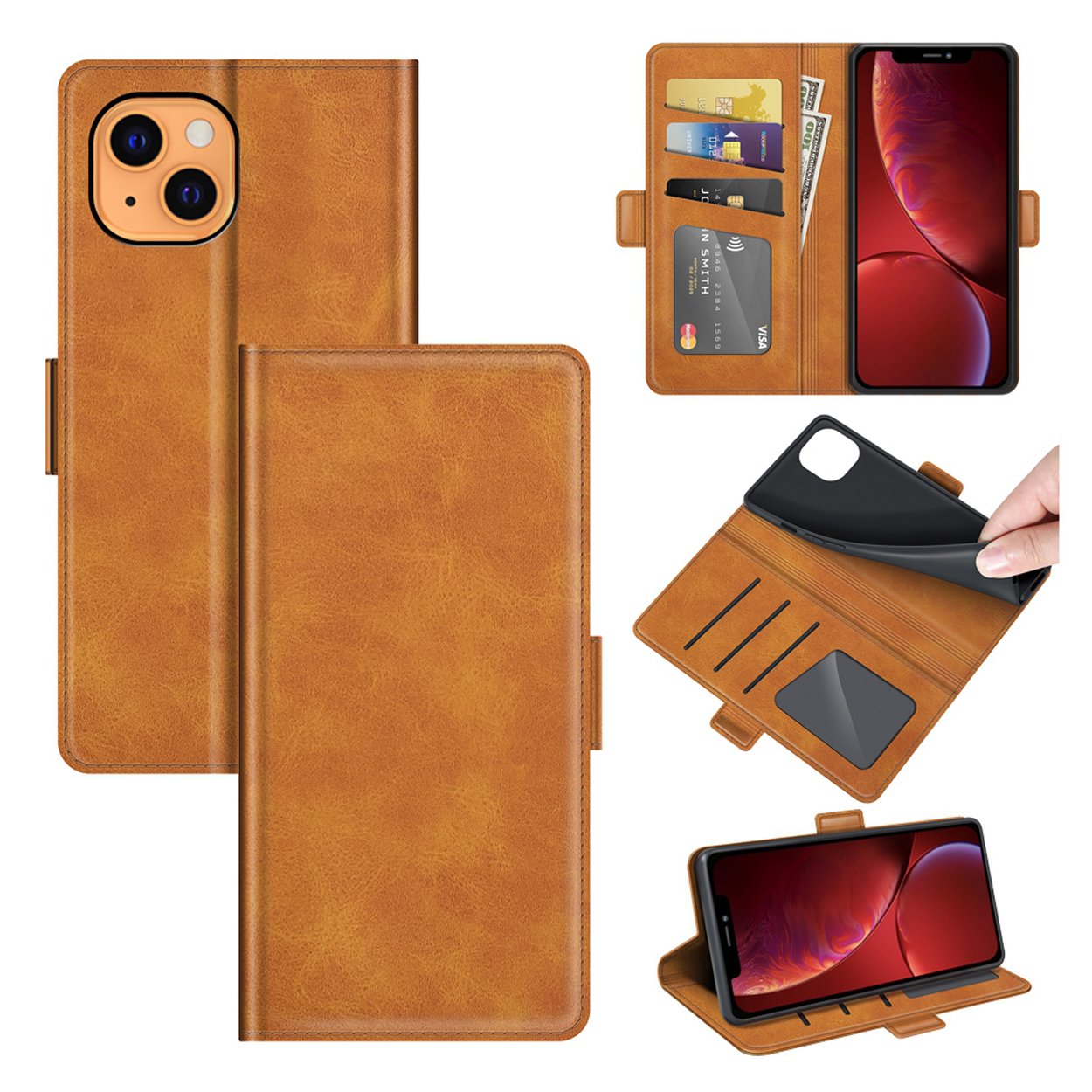 Étui de téléphone marron, ouvert et fermé. Affiche cartes, argent et téléphone.