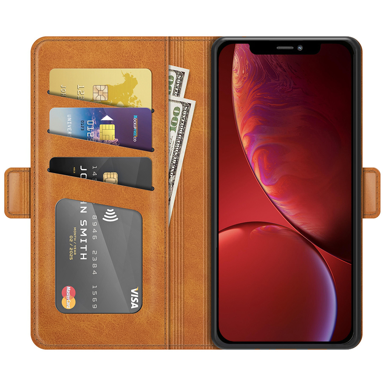 Étui de téléphone ouvert avec cartes, argent et un téléphone affichant un écran rouge.
