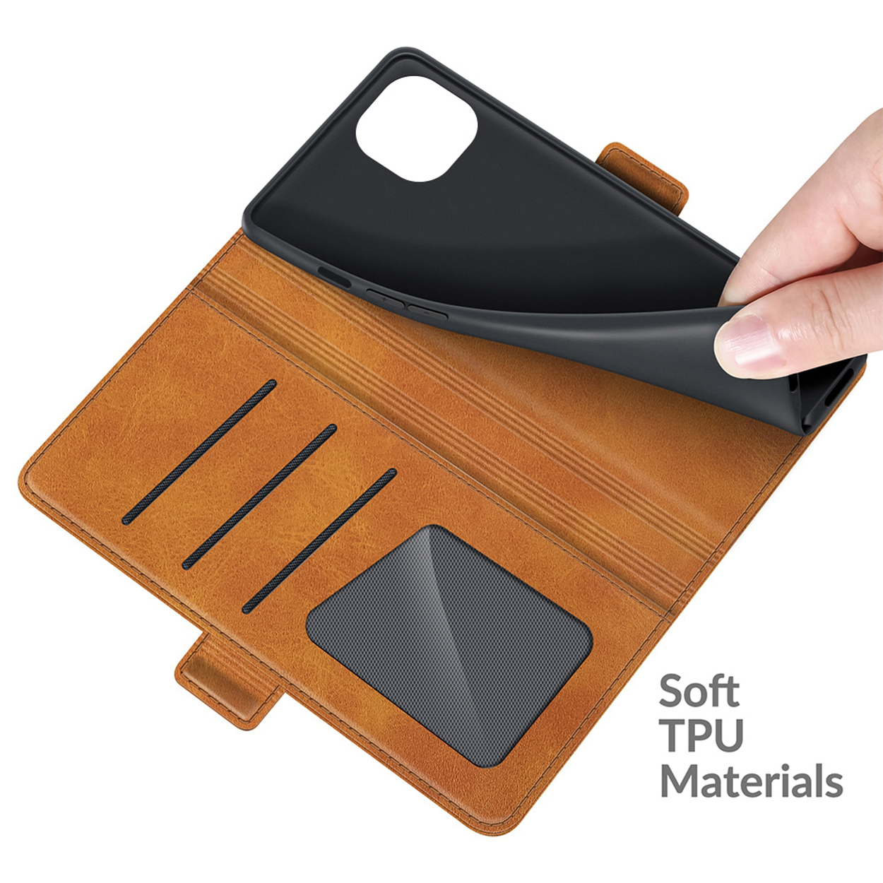 Étui de téléphone marron ouvert, montrant les fentes pour cartes et l'étui intérieur en TPU soulevé.